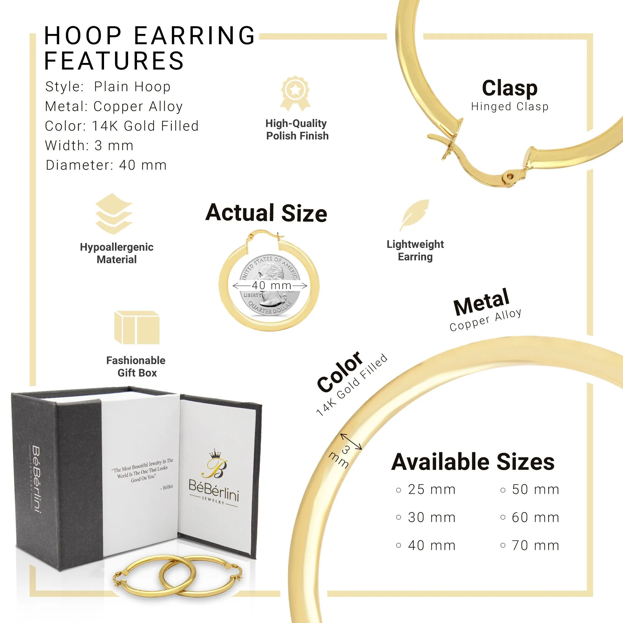14K Gold-Plated Hoop Earrings 3 mm 25 - 70 mm