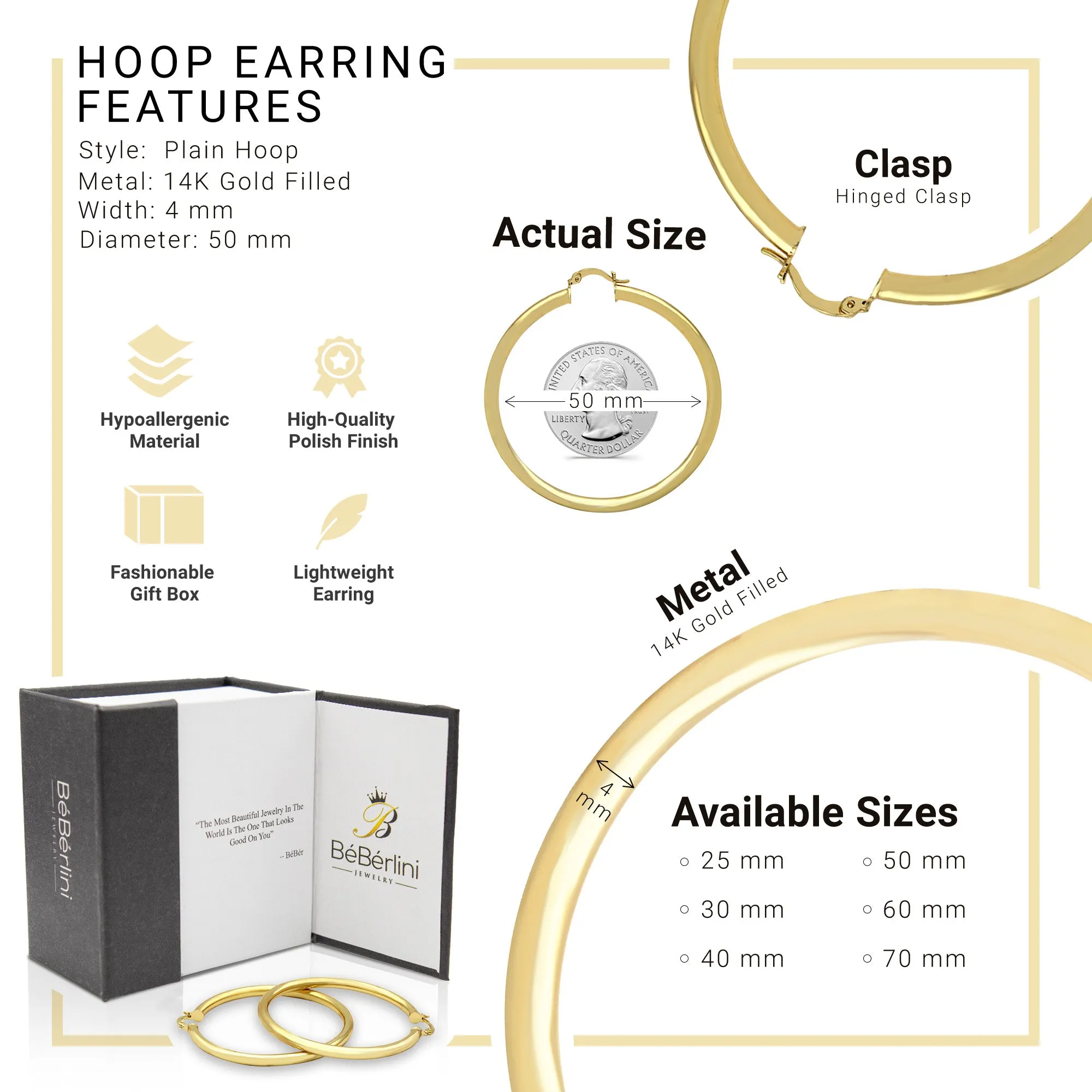 14K Gold-Plated Plain Hoop Women Earrings 4 mm 25 - 80 mm