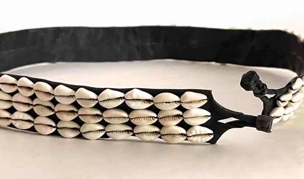 African Cultural Wide Real Cowrie Shell-Black Leather Ball & Loop Closure Belt
