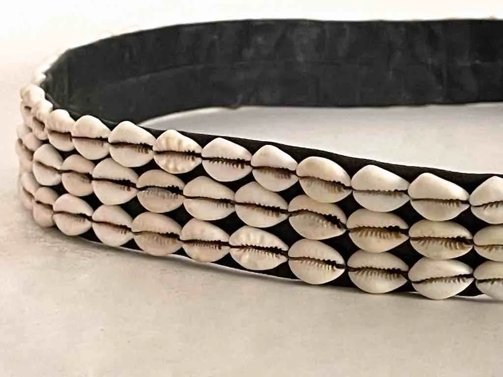 African Cultural Wide Real Cowrie Shell-Black Leather Ball & Loop Closure Belt