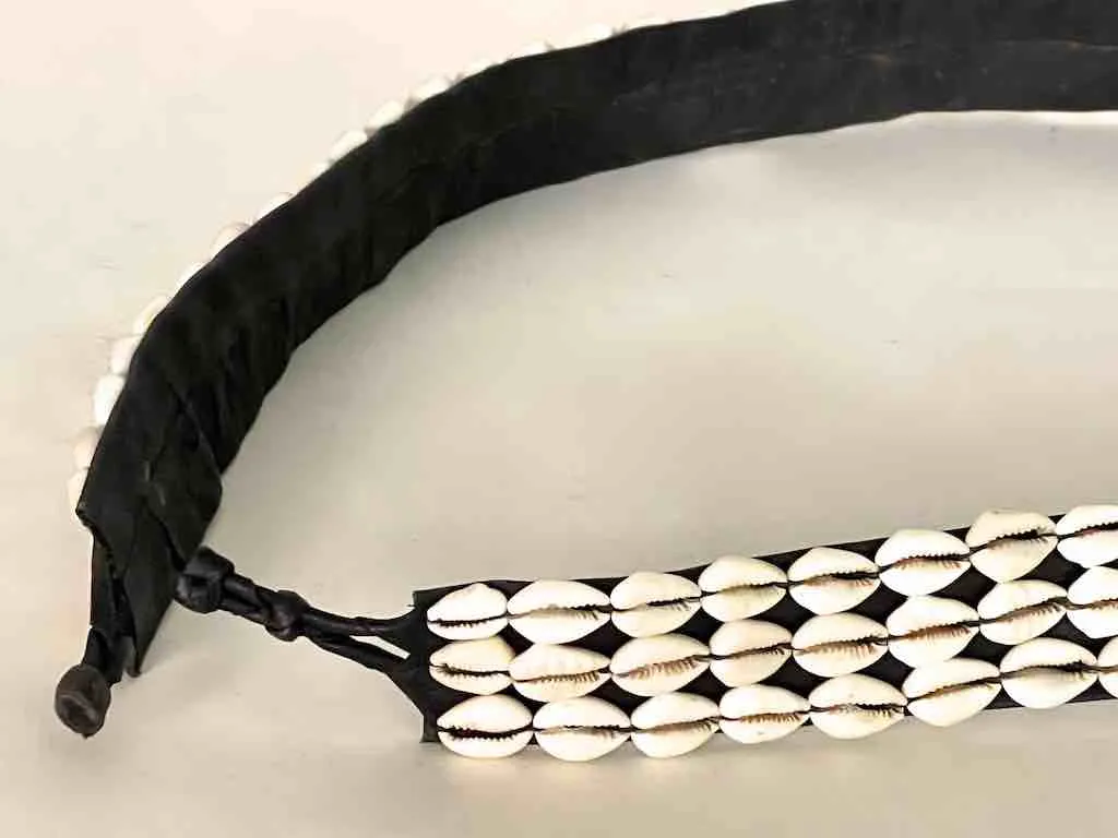 African Cultural Wide Real Cowrie Shell-Black Leather Ball & Loop Closure Belt