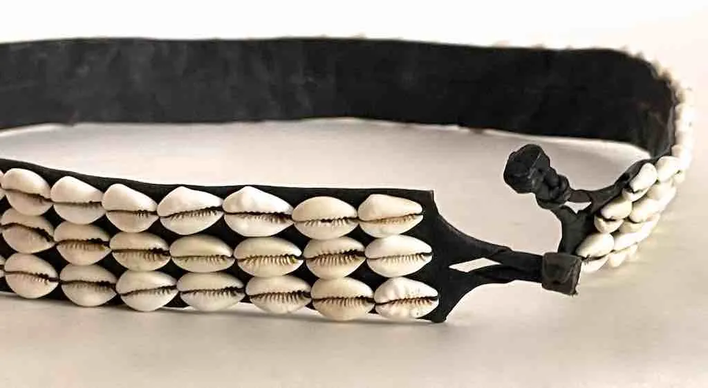 African Cultural Wide Real Cowrie Shell-Black Leather Ball & Loop Closure Belt
