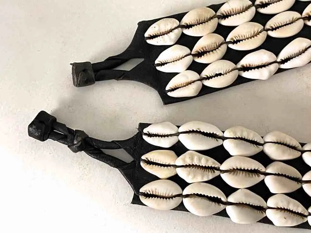 African Cultural Wide Real Cowrie Shell-Black Leather Ball & Loop Closure Belt