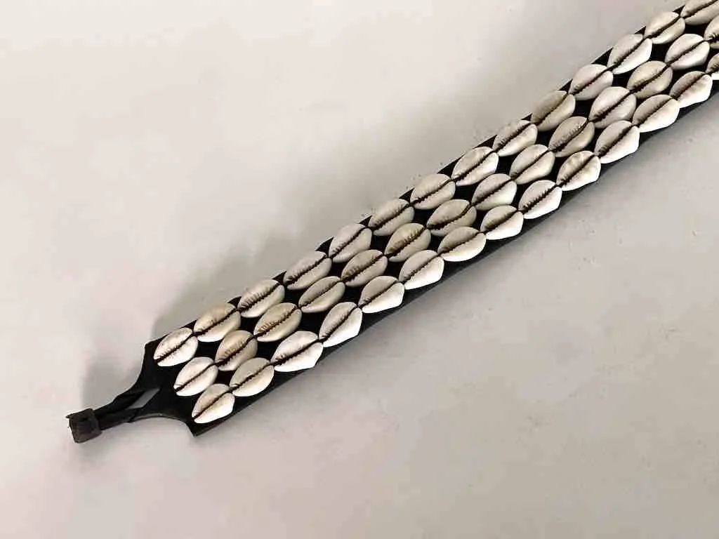 African Cultural Wide Real Cowrie Shell-Black Leather Ball & Loop Closure Belt