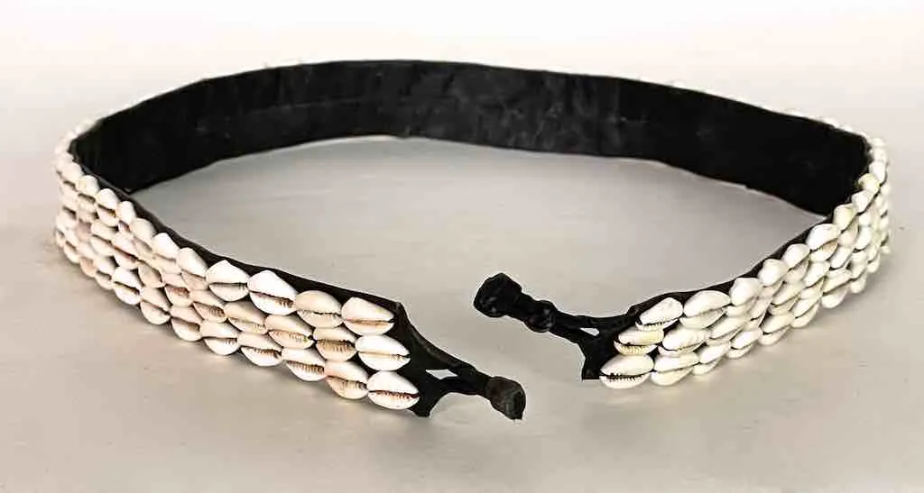 African Cultural Wide Real Cowrie Shell-Black Leather Ball & Loop Closure Belt