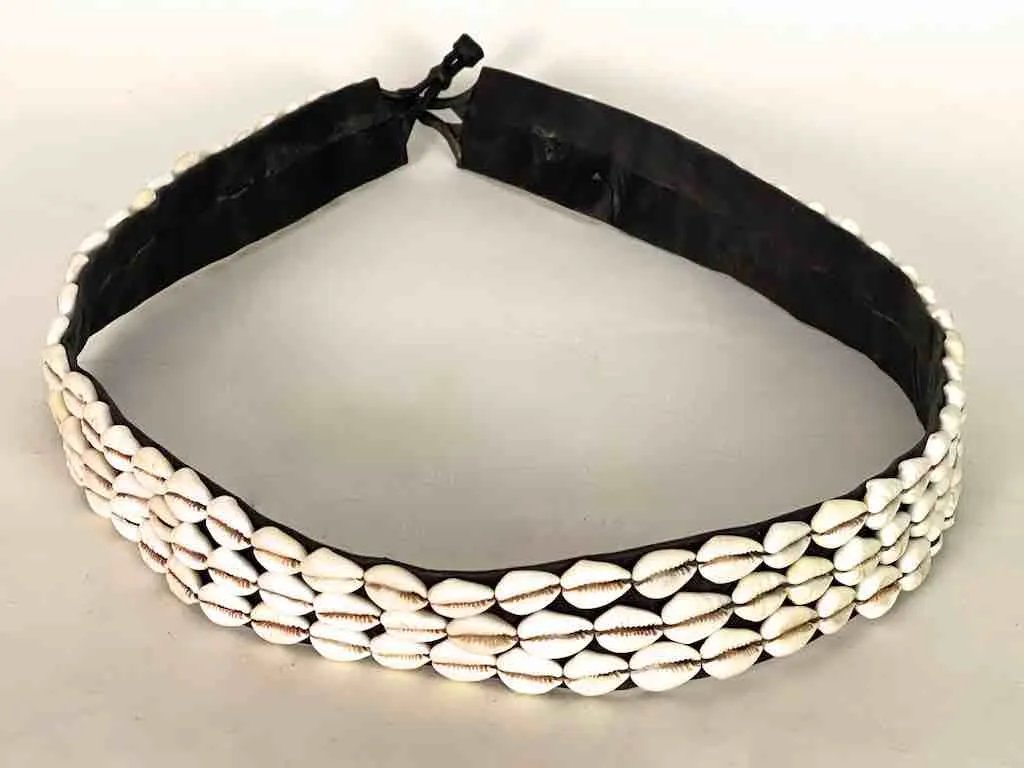African Cultural Wide Real Cowrie Shell-Black Leather Ball & Loop Closure Belt
