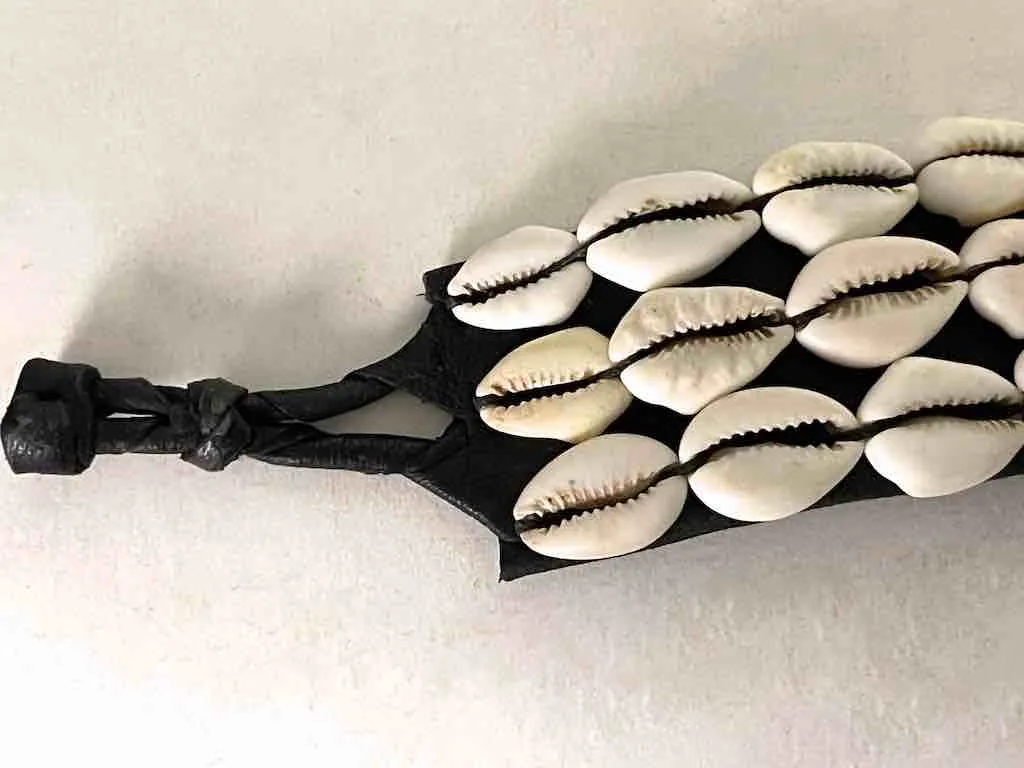 African Cultural Wide Real Cowrie Shell-Black Leather Ball & Loop Closure Belt