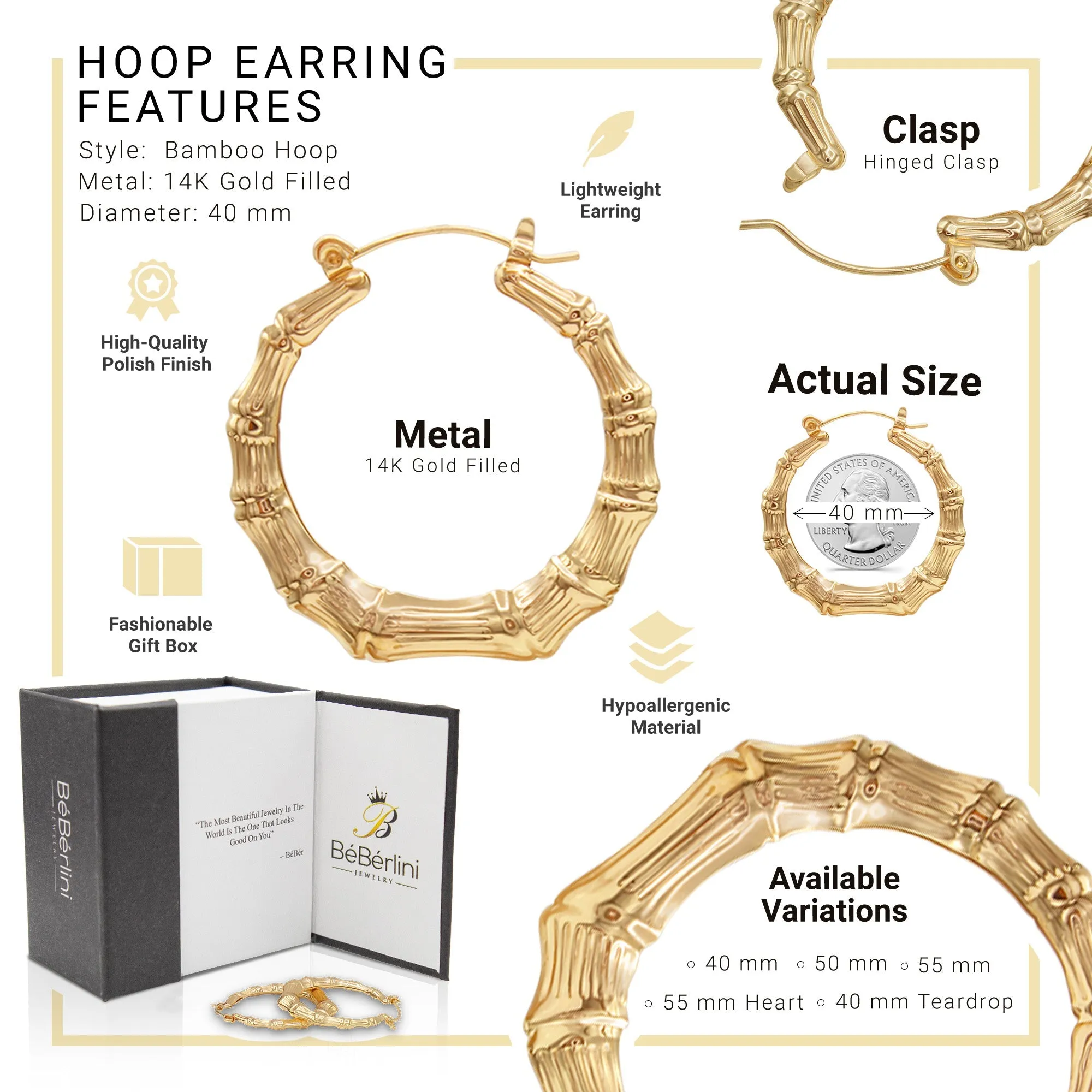 Bamboo Hoop Earrings 14K Gold-Plated Women Jewelry 40 mm