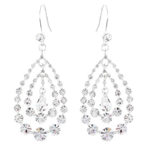 Bridal Wedding Jewelry Crystal Rhinestone Multi Teardrops Dangle Earrings Silver
