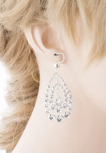 Bridal Wedding Jewelry Crystal Rhinestone Multi Teardrops Dangle Earrings Silver
