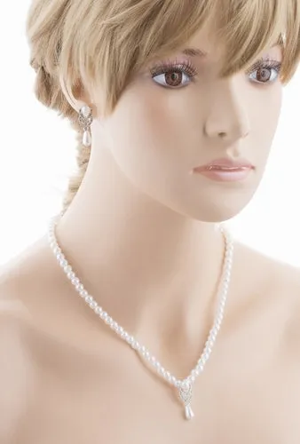 Bridal Wedding Jewelry Set Crystal Vintage Single Strand Pearls Necklace Silver