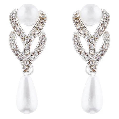 Bridal Wedding Jewelry Set Crystal Vintage Single Strand Pearls Necklace Silver