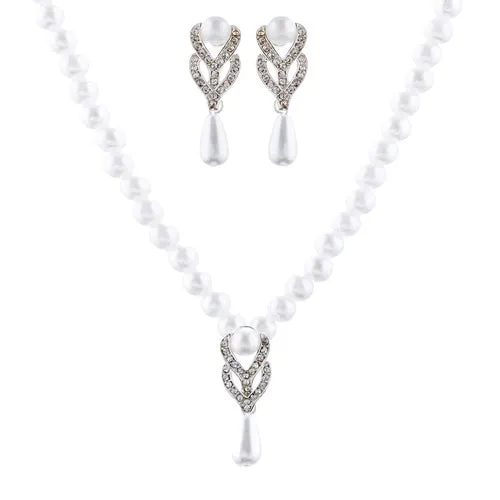 Bridal Wedding Jewelry Set Crystal Vintage Single Strand Pearls Necklace Silver