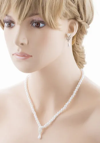 Bridal Wedding Jewelry Set Crystal Vintage Single Strand Pearls Necklace Silver