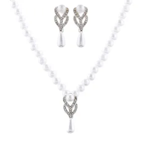Bridal Wedding Jewelry Set Crystal Vintage Single Strand Pearls Necklace Silver