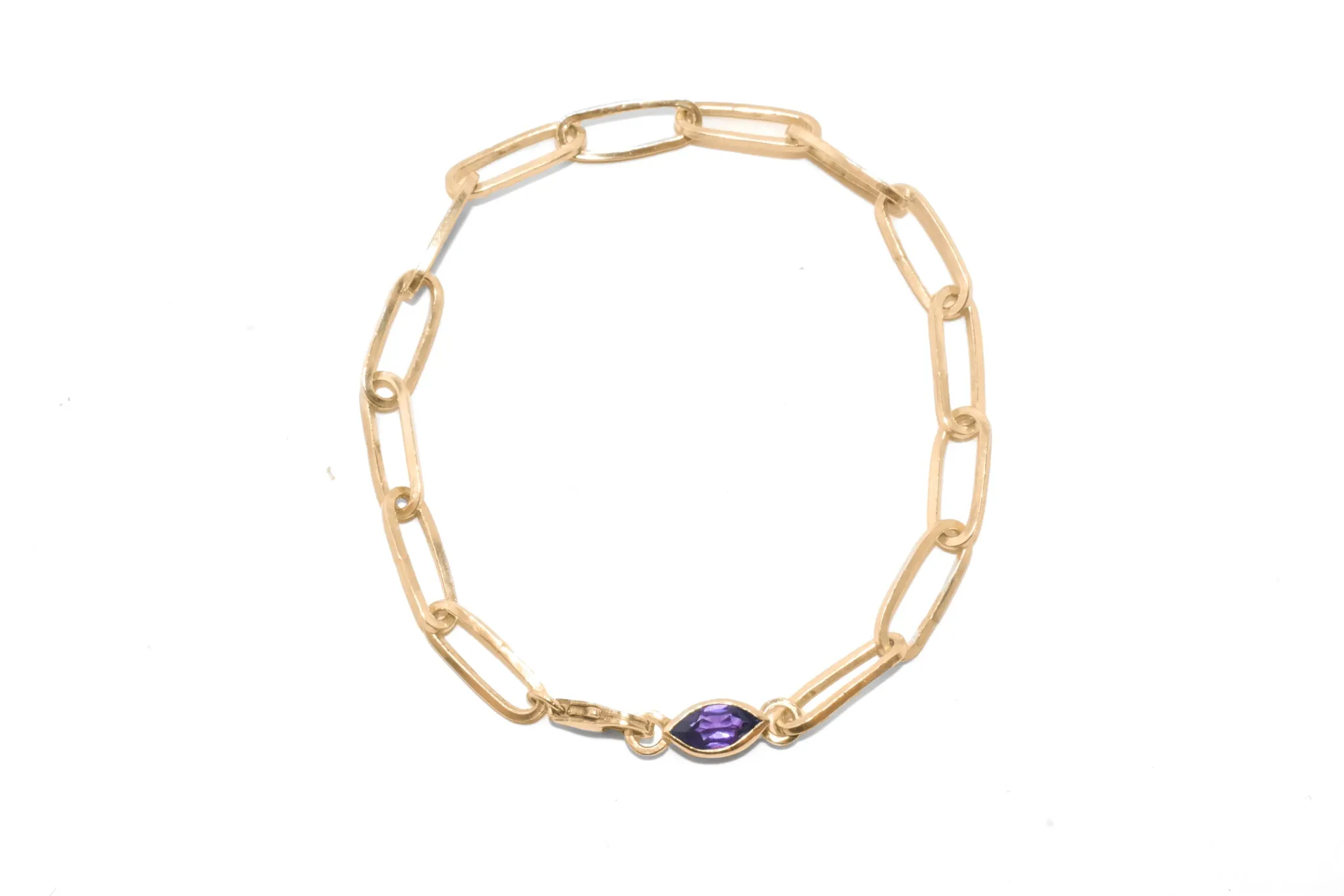 Ester | Handmade 10k Yellow Gold East to West Marquise Gemstone Paperclip Chain Bracelet | Diamond & Birthstone