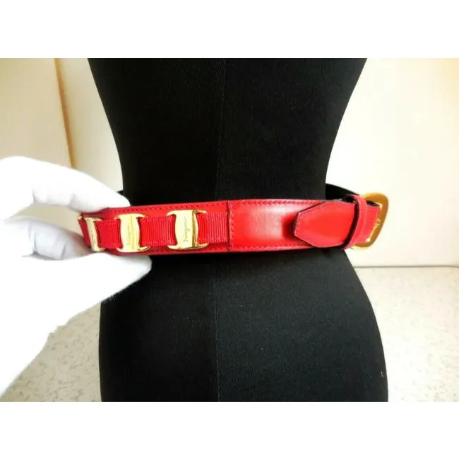 Ferragamo Red Leather Belt w Gold Vara Accents