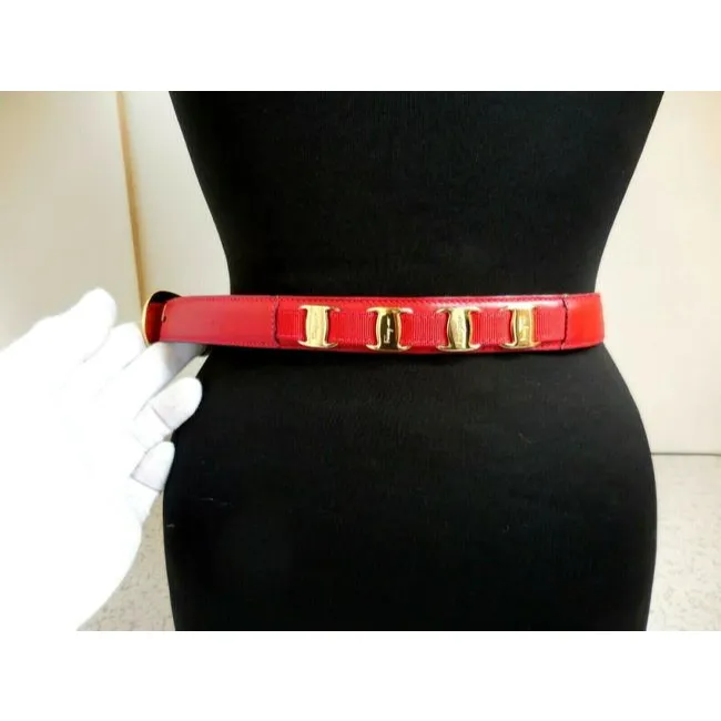 Ferragamo Red Leather Belt w Gold Vara Accents