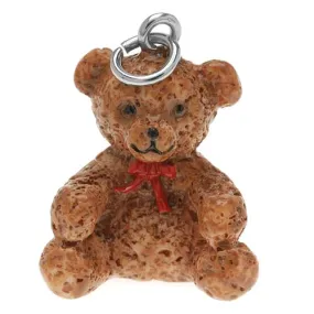 Hand Painted 3-D Cute Teddy Bear With Red Ribbon Charm 24mm Lightweight (1 Piece)