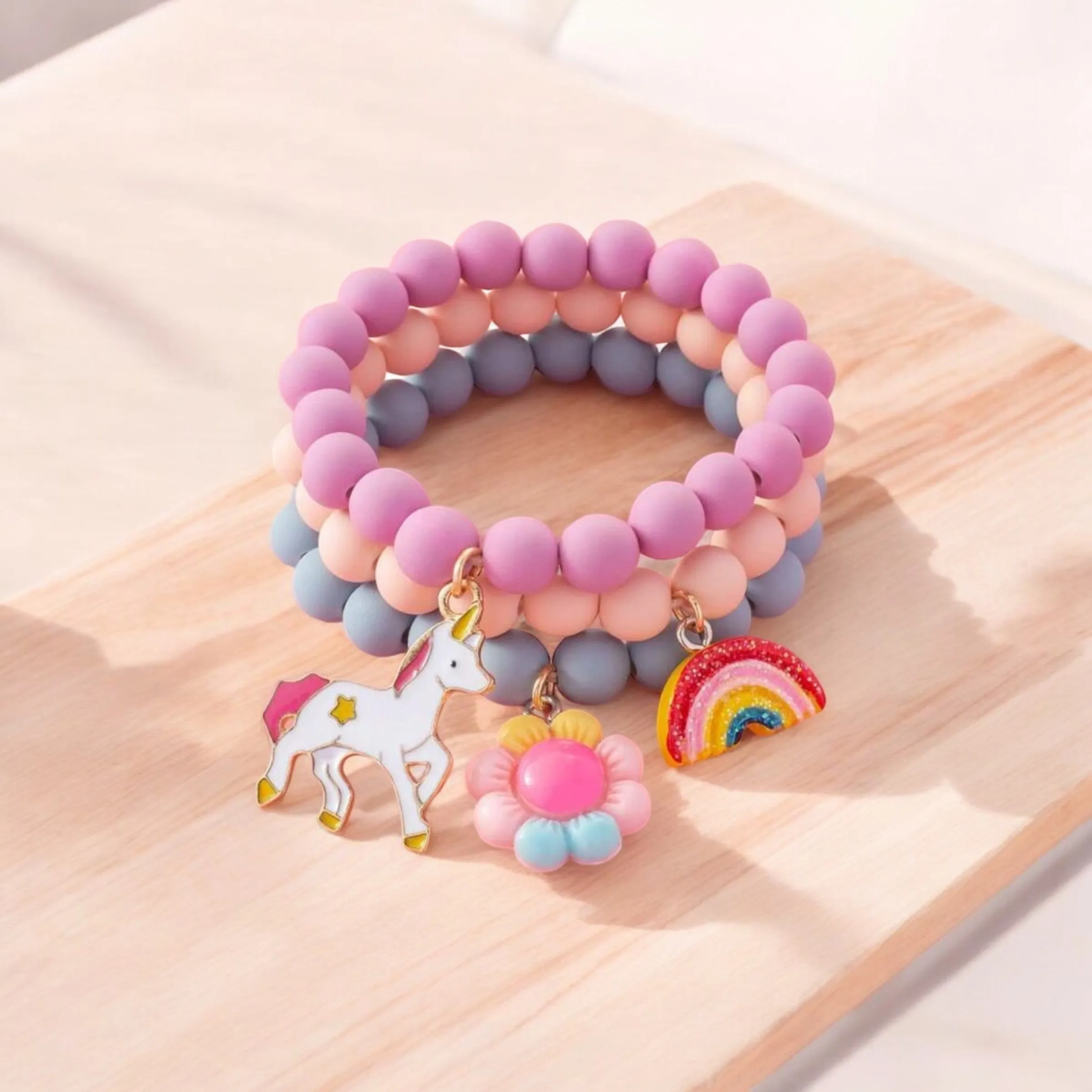 Little Girl Floral Unicorn Charm Bracelets - 3 Piece