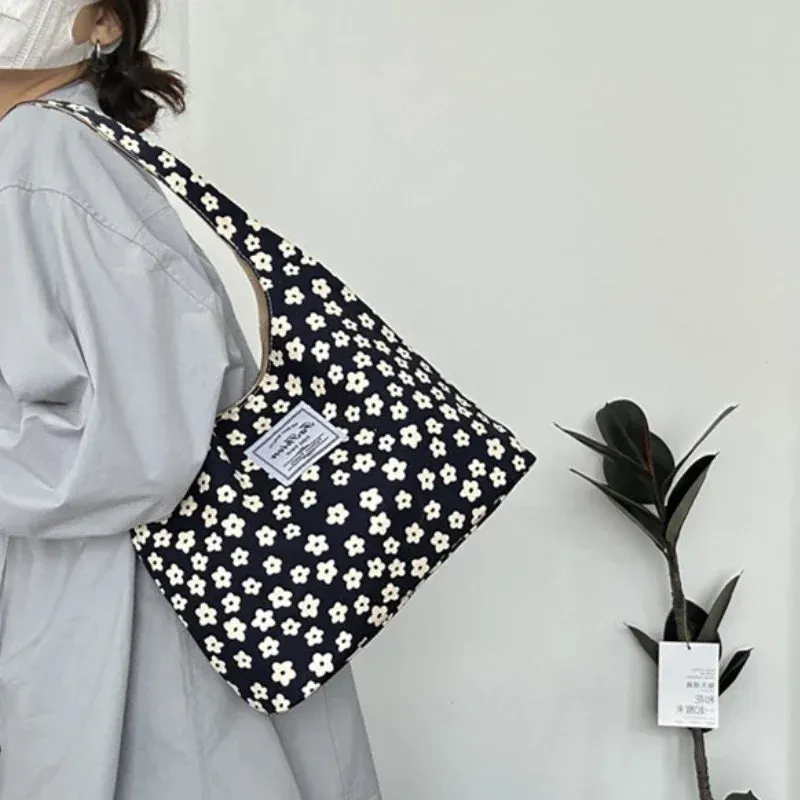 UAKISS  - Vintage Sweet Flower Print Tote Bag Office Lady Fashion Fairy Chic Women Handbags All Match Canvas Casual Shoulder Underarm Bag