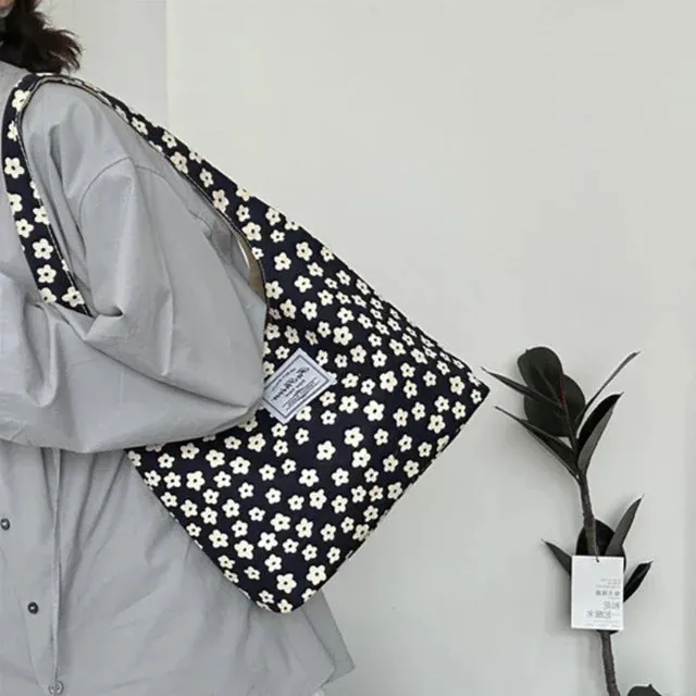 UAKISS  - Vintage Sweet Flower Print Tote Bag Office Lady Fashion Fairy Chic Women Handbags All Match Canvas Casual Shoulder Underarm Bag