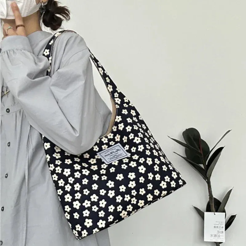 UAKISS  - Vintage Sweet Flower Print Tote Bag Office Lady Fashion Fairy Chic Women Handbags All Match Canvas Casual Shoulder Underarm Bag
