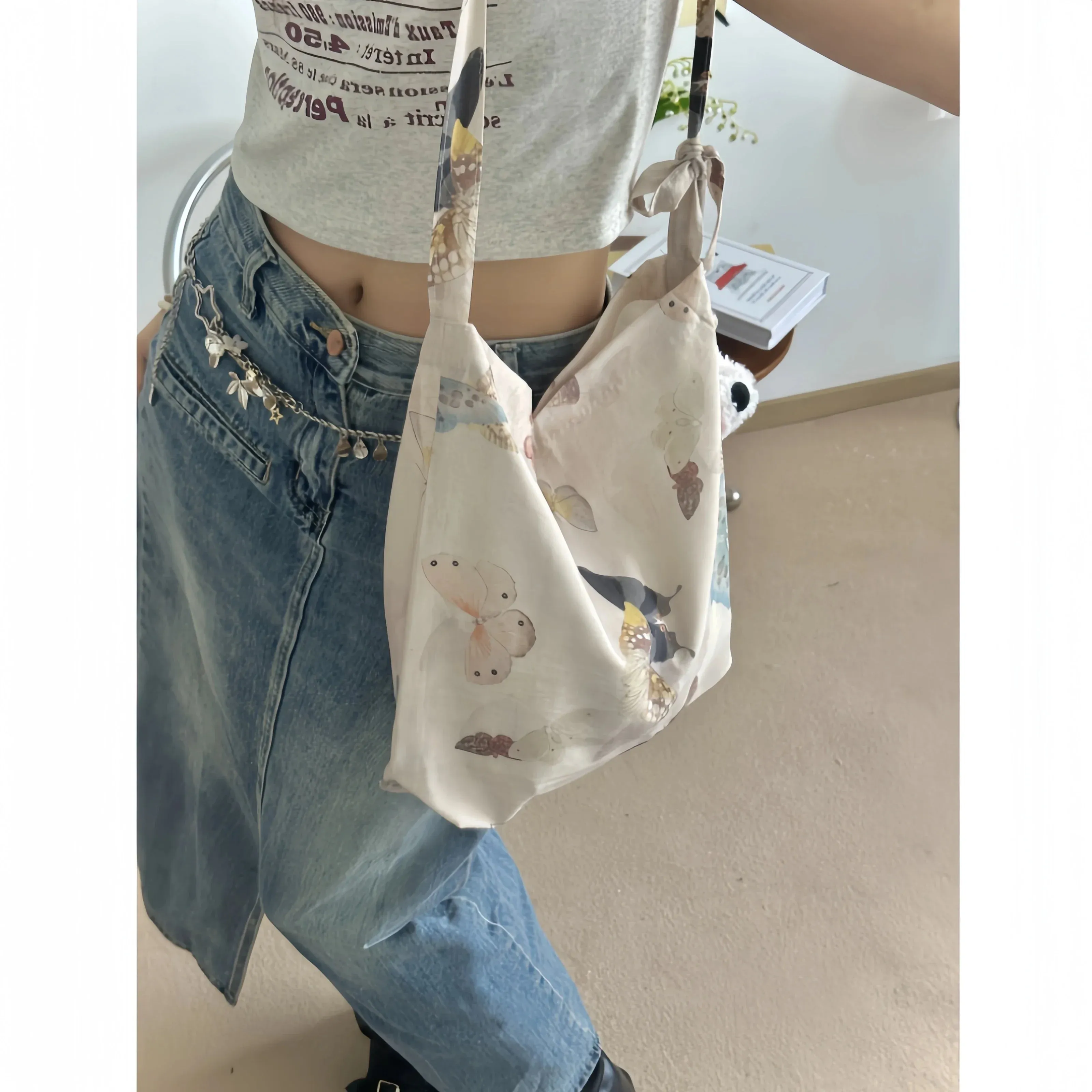 UAKISS  -  Women 2024 New Retro Butterfly Casual Canvas Bag for Commuting Niche Large Capacity Single Shoulder Crossbody Tote Bags